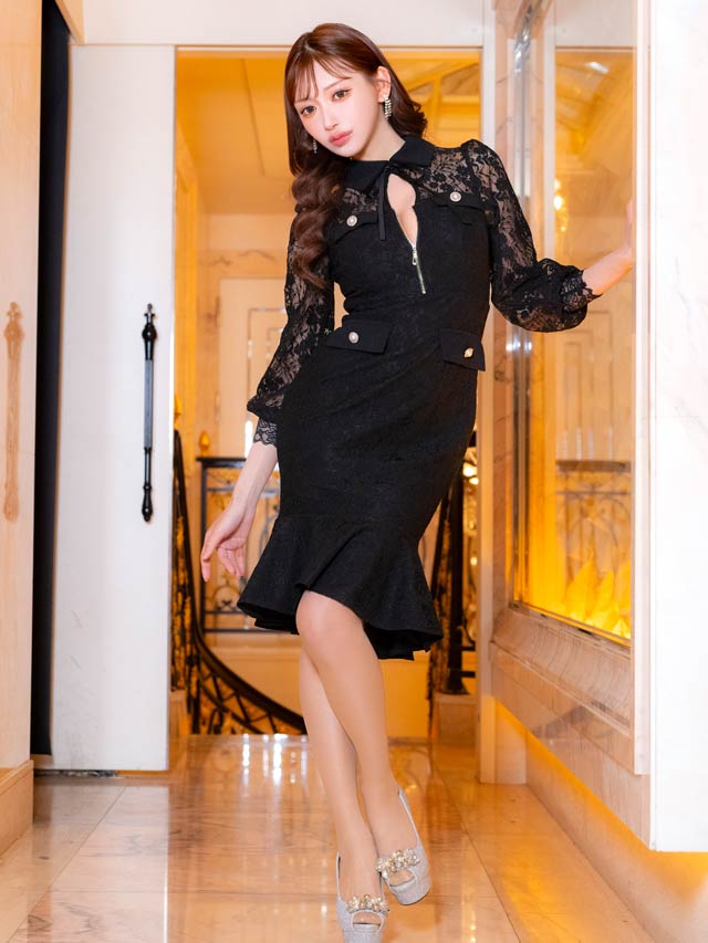 7/22再入荷!オールレースリボン襟付きフロントジップ長袖膝丈マーメイドドレス[SML/3サイズ展開][明日花キララ着用]