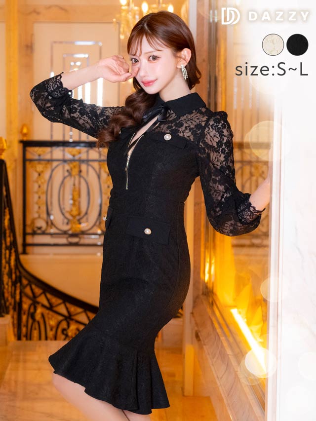 7/22再入荷!オールレースリボン襟付きフロントジップ長袖膝丈マーメイドドレス[SML/3サイズ展開][明日花キララ着用]