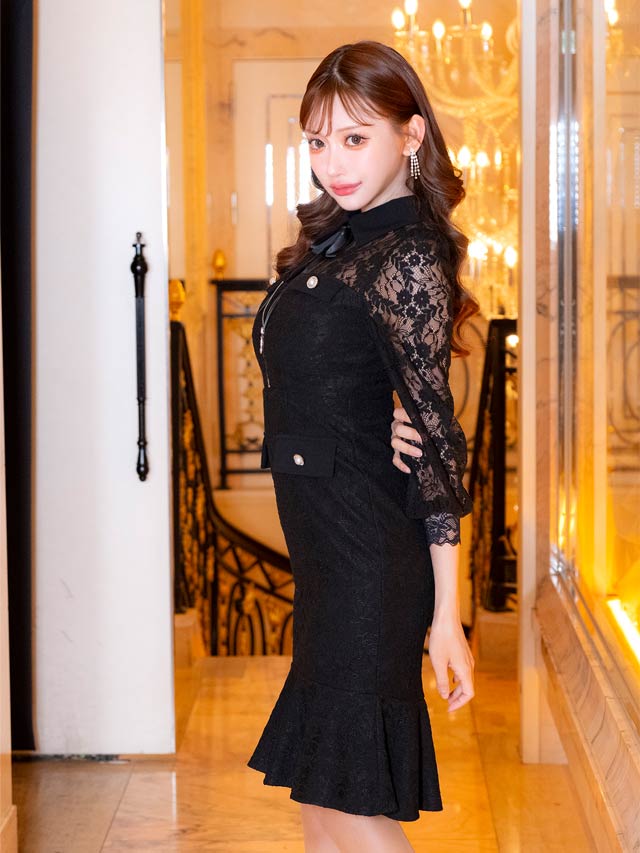 7/22再入荷!オールレースリボン襟付きフロントジップ長袖膝丈マーメイドドレス[SML/3サイズ展開][明日花キララ着用]