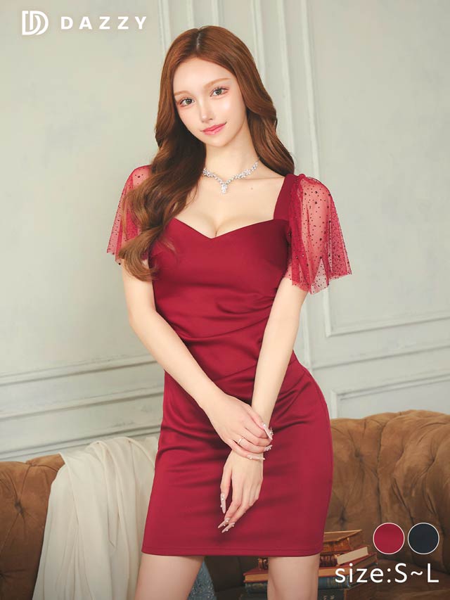 [SMLサイズ]シアーチュールラインストーンフレア袖タイトミニドレス[3サイズ展開][プチプラドレス]