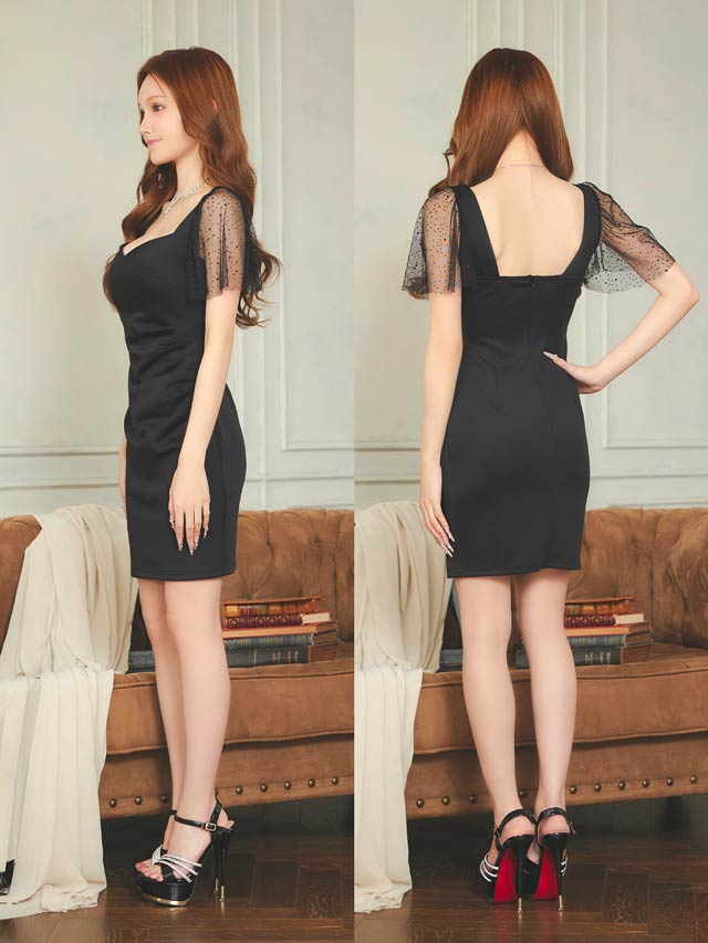 [SMLサイズ]シアーチュールラインストーンフレア袖タイトミニドレス[3サイズ展開][プチプラドレス]