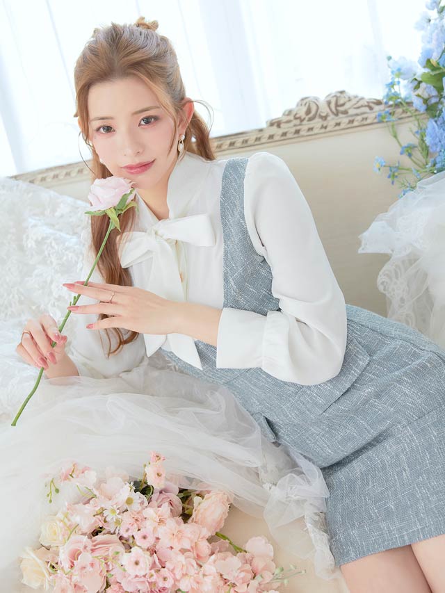 ツイードボウタイリボン長袖タイトミニドレス[SML/3サイズ展開]