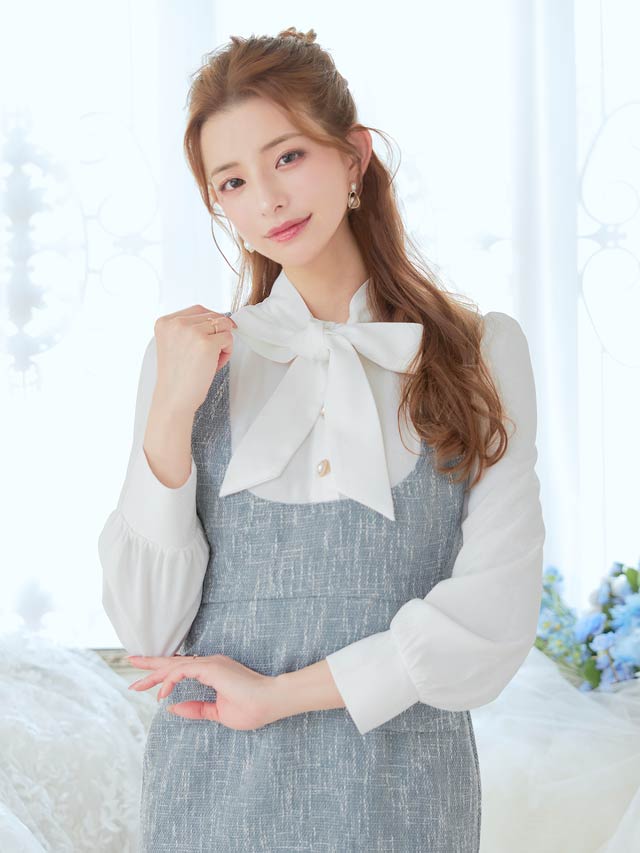 ツイードボウタイリボン長袖タイトミニドレス[SML/3サイズ展開]