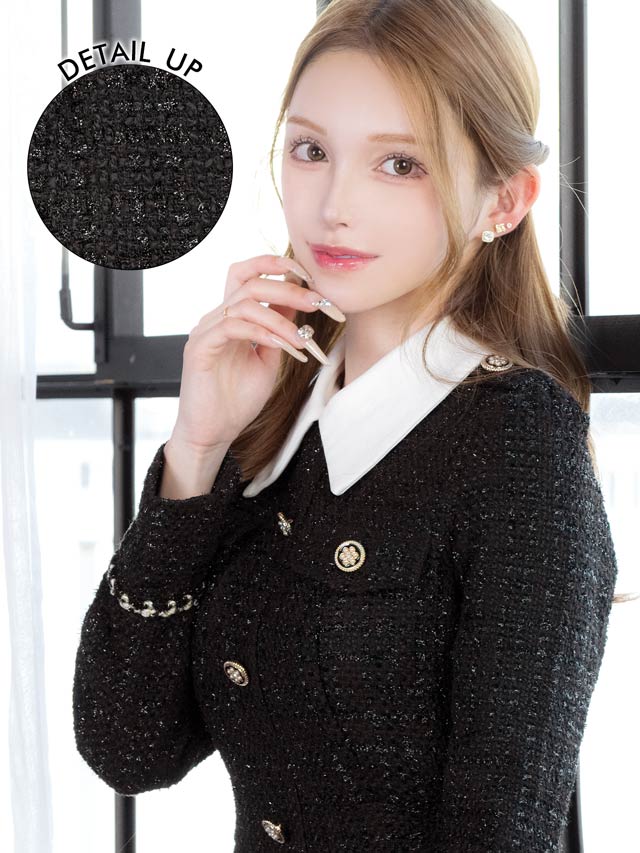 襟付きツイードビジューボタン長袖Aラインミニドレス[SML/3サイズ展開]