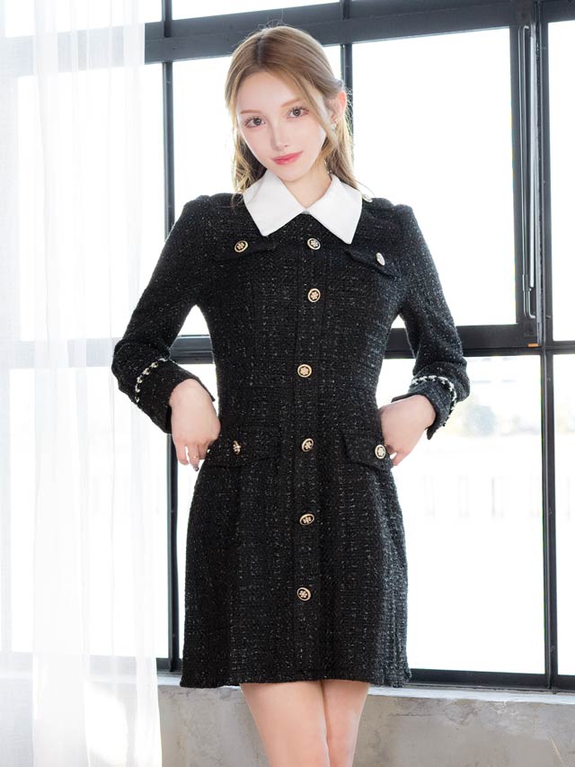襟付きツイードビジューボタン長袖Aラインミニドレス[SML/3サイズ展開]