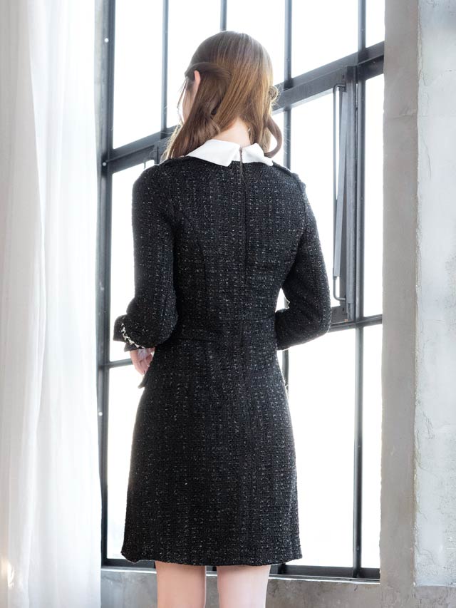 襟付きツイードビジューボタン長袖Aラインミニドレス[SML/3サイズ展開]