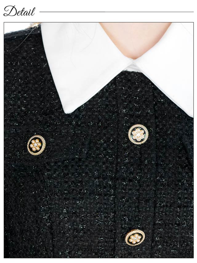 襟付きツイードビジューボタン長袖Aラインミニドレス[SML/3サイズ展開]