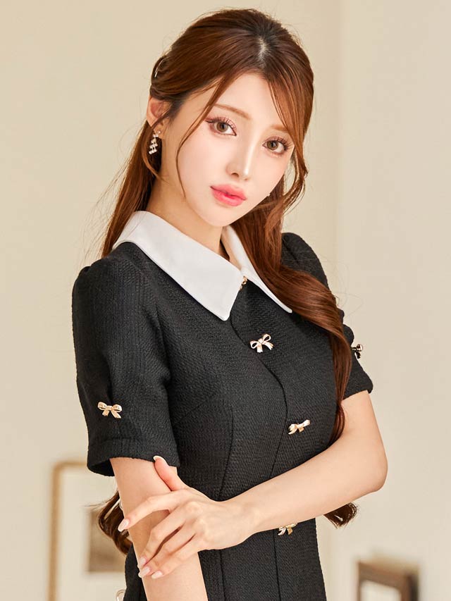 6/4新作!襟付きツイードリボンボタン半袖Aラインミニドレス[SML/3サイズ展開]