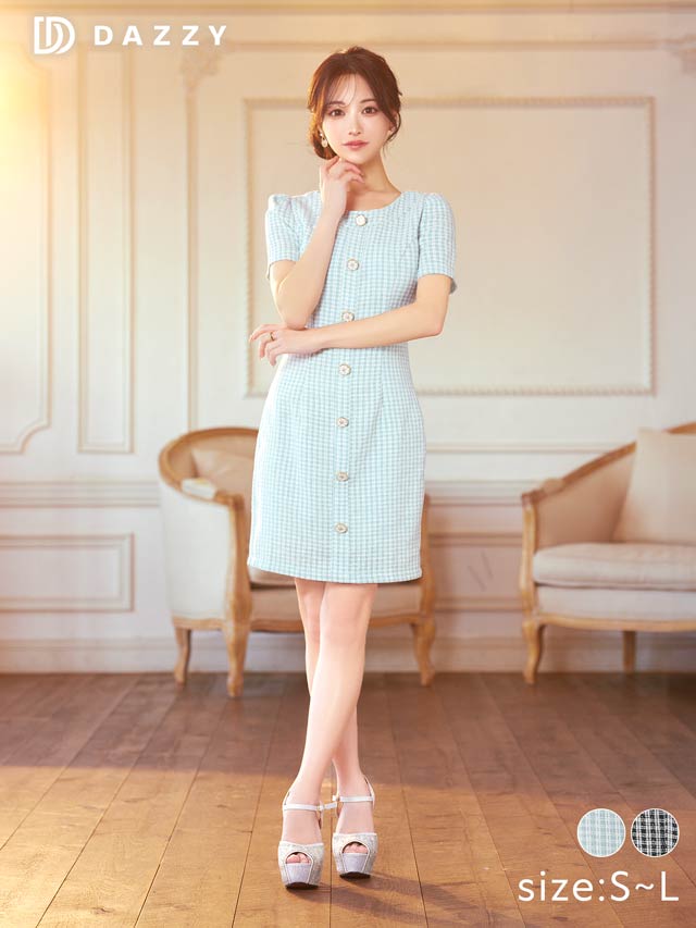 ツイードチェックフロントラインボタンビジュー半袖タイトミニドレス[SML/3サイズ展開]