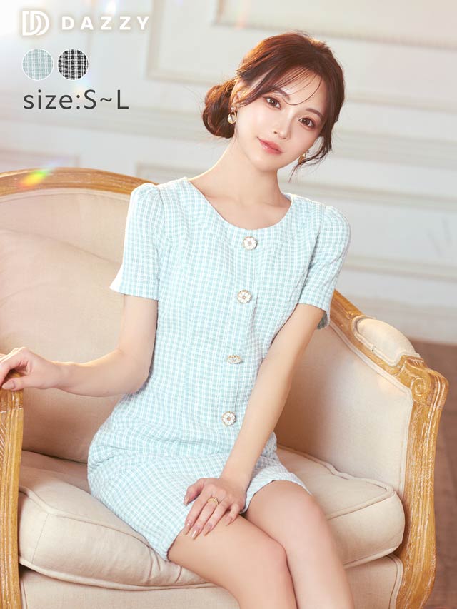 ツイードチェックフロントラインボタンビジュー半袖タイトミニドレス[SML/3サイズ展開]