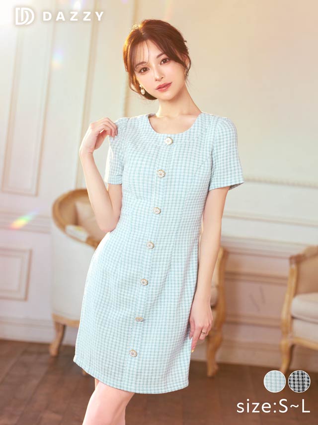 ツイードチェックフロントラインボタンビジュー半袖タイトミニドレス[SML/3サイズ展開]