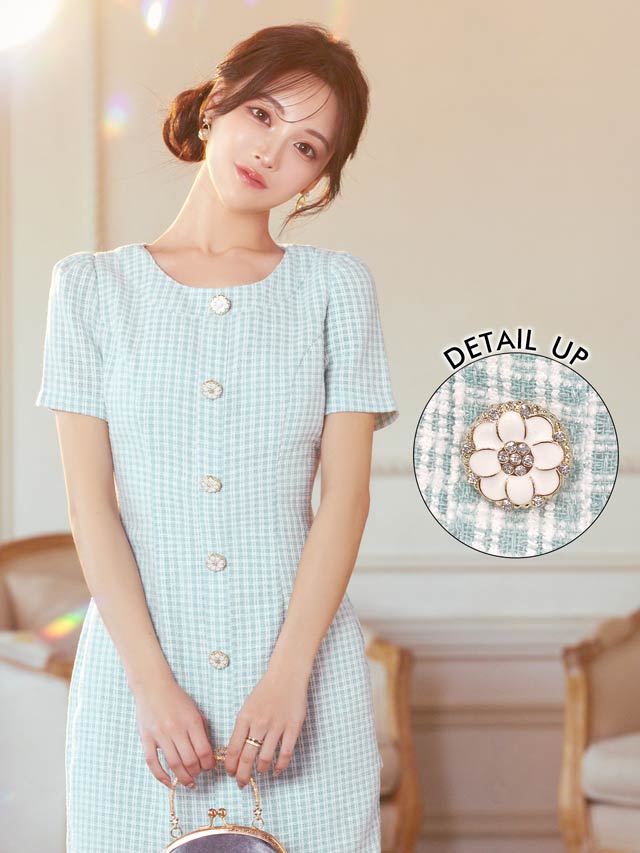 ツイードチェックフロントラインボタンビジュー半袖タイトミニドレス[SML/3サイズ展開]