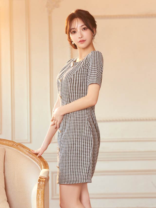 ツイードチェックフロントラインボタンビジュー半袖タイトミニドレス[SML/3サイズ展開]