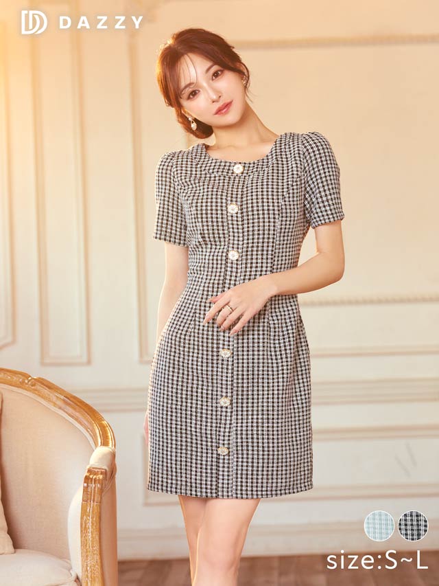 ツイードチェックフロントラインボタンビジュー半袖タイトミニドレス[SML/3サイズ展開]
