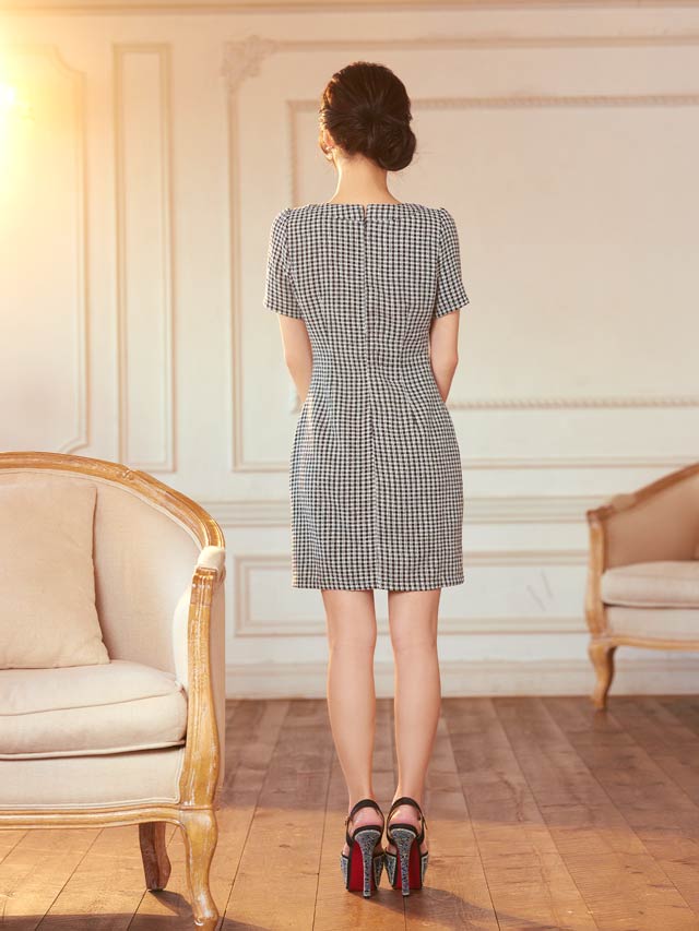 ツイードチェックフロントラインボタンビジュー半袖タイトミニドレス[SML/3サイズ展開]