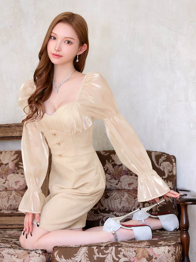 5/30新作!パールボタンシフォンキャンディスリーブタイトミニドレス[SML/3サイズ展開]