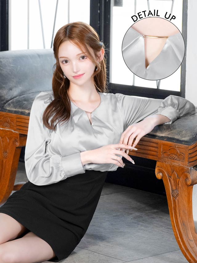 バイカラーロングスリーブシフォン切り替えタイトミニドレス[S〜LL/4サイズ展開][プチプラドレス]