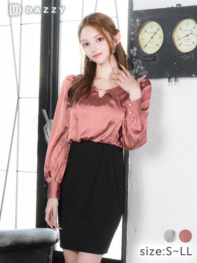 バイカラーロングスリーブシフォン切り替えタイトミニドレス[S〜LL/4サイズ展開][プチプラドレス]