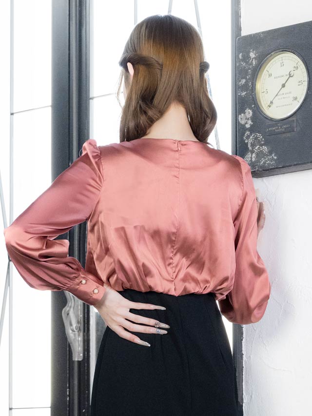 バイカラーロングスリーブシフォン切り替えタイトミニドレス[S〜LL/4サイズ展開][プチプラドレス]