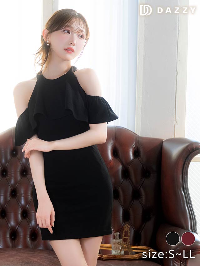8/12再入荷! ワンカラーアメスリカットフリルオフショルタイトミニドレス[S~LL/4サイズ展開]