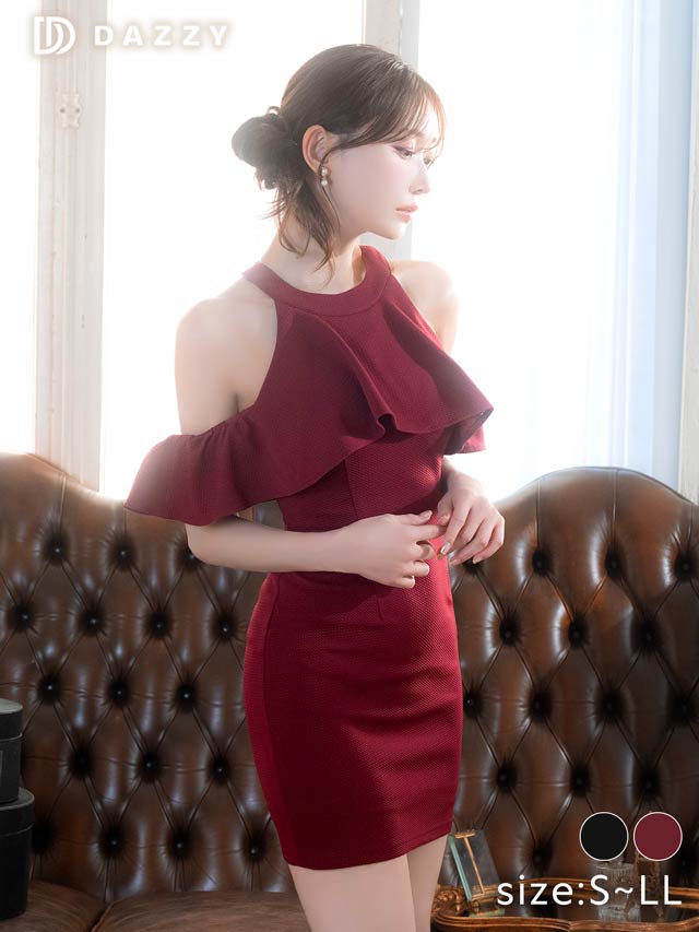 8/12再入荷! ワンカラーアメスリカットフリルオフショルタイトミニドレス[S~LL/4サイズ展開]