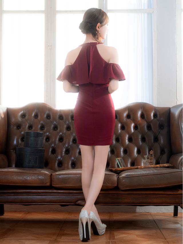 8/12再入荷! ワンカラーアメスリカットフリルオフショルタイトミニドレス[S~LL/4サイズ展開]