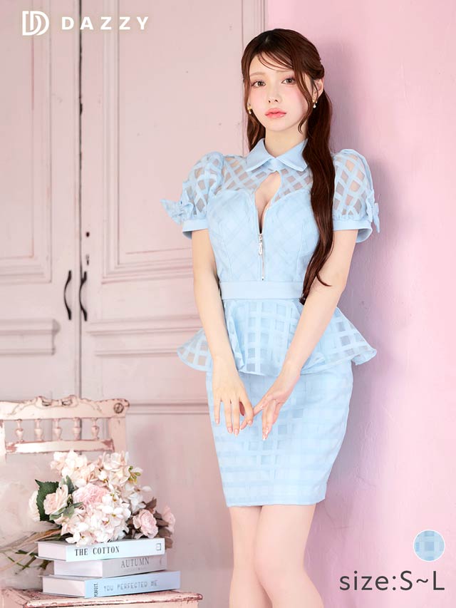 フロントジップペプラムチェックリボンパフスリーブタイトミニドレス[SML/3サイズ展開]