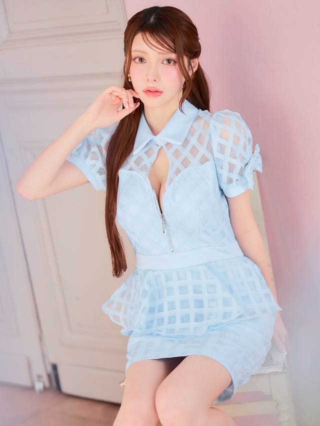 フロントジップペプラムチェックリボンパフスリーブタイトミニドレス[SML/3サイズ展開]