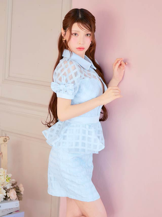フロントジップペプラムチェックリボンパフスリーブタイトミニドレス[SML/3サイズ展開]