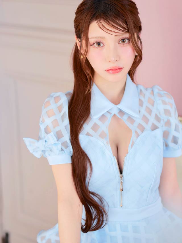 フロントジップペプラムチェックリボンパフスリーブタイトミニドレス[SML/3サイズ展開]