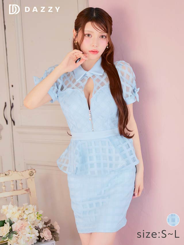 フロントジップペプラムチェックリボンパフスリーブタイトミニドレス[SML/3サイズ展開]