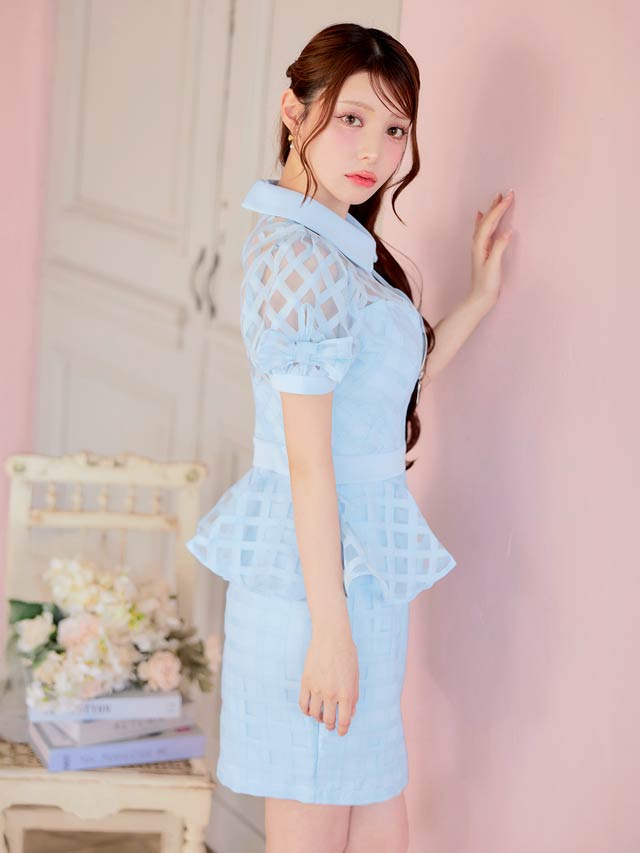 フロントジップペプラムチェックリボンパフスリーブタイトミニドレス[SML/3サイズ展開]