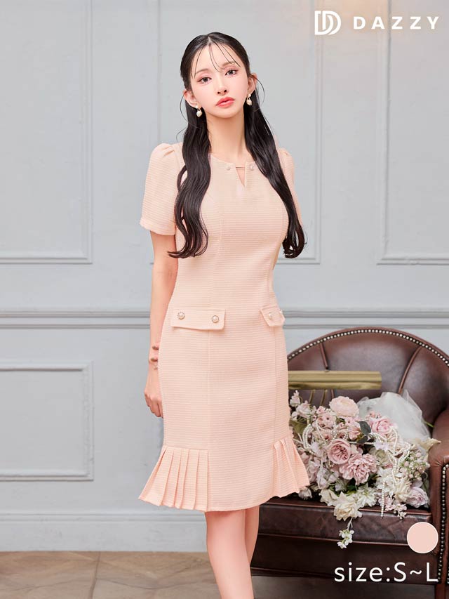 7/30新作!シャイニーツイード半袖サイドプリーツマーメイド膝丈ドレス[SML/3サイズ展開]