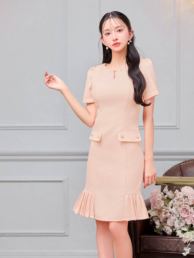 7/30新作!シャイニーツイード半袖サイドプリーツマーメイド膝丈ドレス[SML/3サイズ展開]