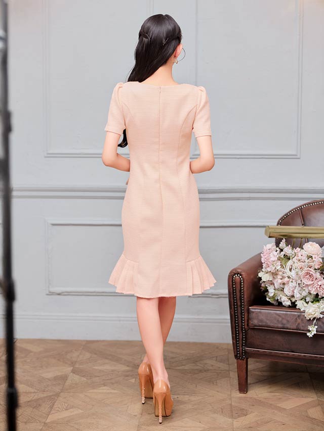 7/30新作!シャイニーツイード半袖サイドプリーツマーメイド膝丈ドレス[SML/3サイズ展開]