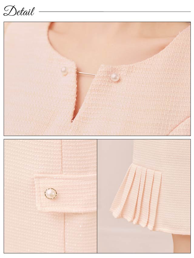 7/30新作!シャイニーツイード半袖サイドプリーツマーメイド膝丈ドレス[SML/3サイズ展開]