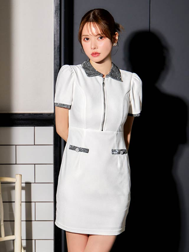 グリッターラメ襟付きフロントジップ半袖タイトミニドレス[SML/3サイズ展開]