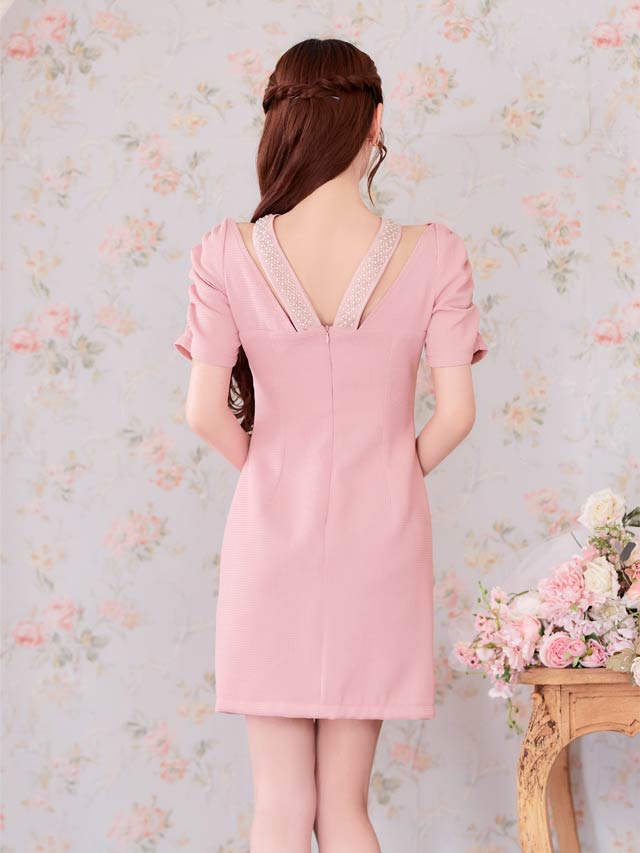 フロントリボンパールビジューワッフル半袖タイトミニドレス[SML/3サイズ展開]