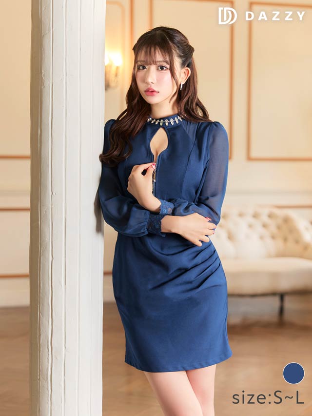 ハイネックビジュージップホールチュール長袖タイトミニドレス[SML/3サイズ展開][伊藤桃々着用]