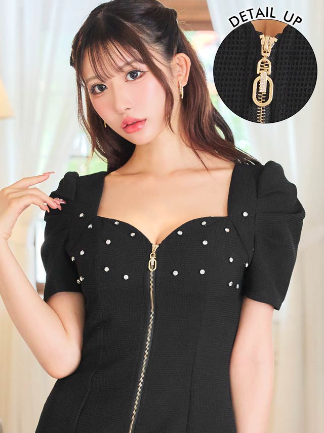 7/25新作!フロントジップラインストーンパフスリーブタイトミニドレス[SML/3サイズ展開][伊藤桃々着用]