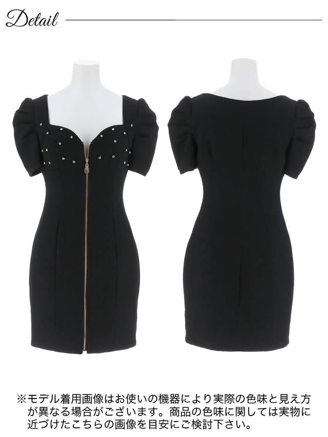 7/25新作!フロントジップラインストーンパフスリーブタイトミニドレス[SML/3サイズ展開][伊藤桃々着用]