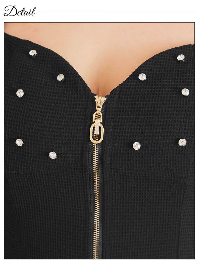 7/25新作!フロントジップラインストーンパフスリーブタイトミニドレス[SML/3サイズ展開][伊藤桃々着用]