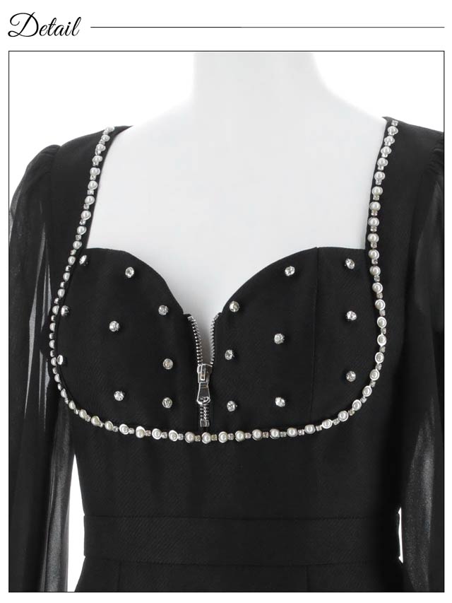 7/28新作!ツイルビジューフロントジップシアー長袖タイトミニドレス[SML/3サイズ展開][明日花キララ着用]