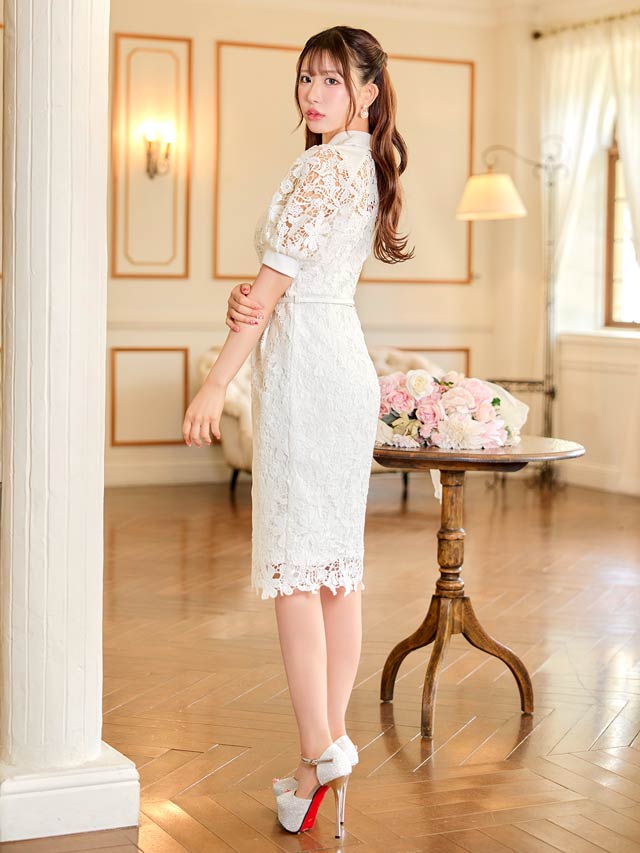 7/25新作!ケミカルレースベルト付きパフスリーブタイトミ膝丈ドレス[SML/3サイズ展開][伊藤桃々着用]