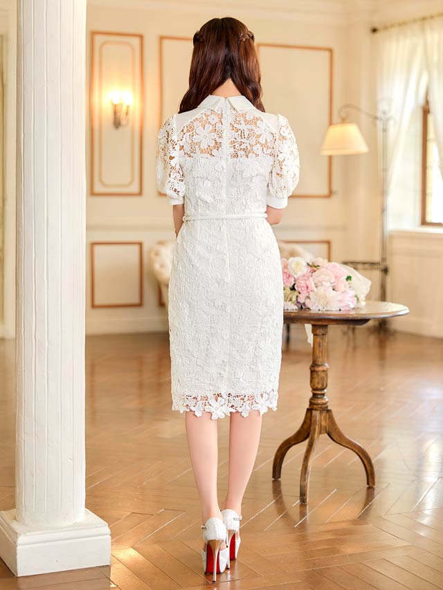 7/25新作!ケミカルレースベルト付きパフスリーブタイトミ膝丈ドレス[SML/3サイズ展開][伊藤桃々着用]