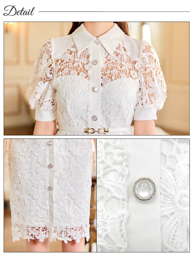 7/25新作!ケミカルレースベルト付きパフスリーブタイトミ膝丈ドレス[SML/3サイズ展開][伊藤桃々着用]