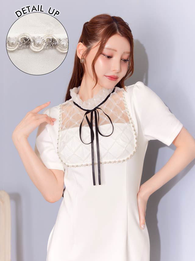 ハイネックシアーボウタイリボンパールビジュー半袖タイトミニドレス[SML/3サイズ展開]