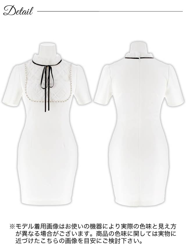 ハイネックシアーボウタイリボンパールビジュー半袖タイトミニドレス[SML/3サイズ展開]