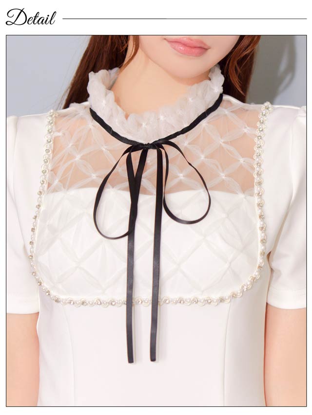 ハイネックシアーボウタイリボンパールビジュー半袖タイトミニドレス[SML/3サイズ展開]