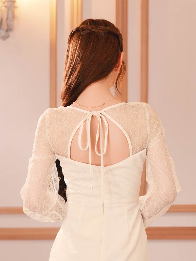 ビスチェモチーフスパンコールレース長袖タイトミニドレス[SML/3サイズ展開]